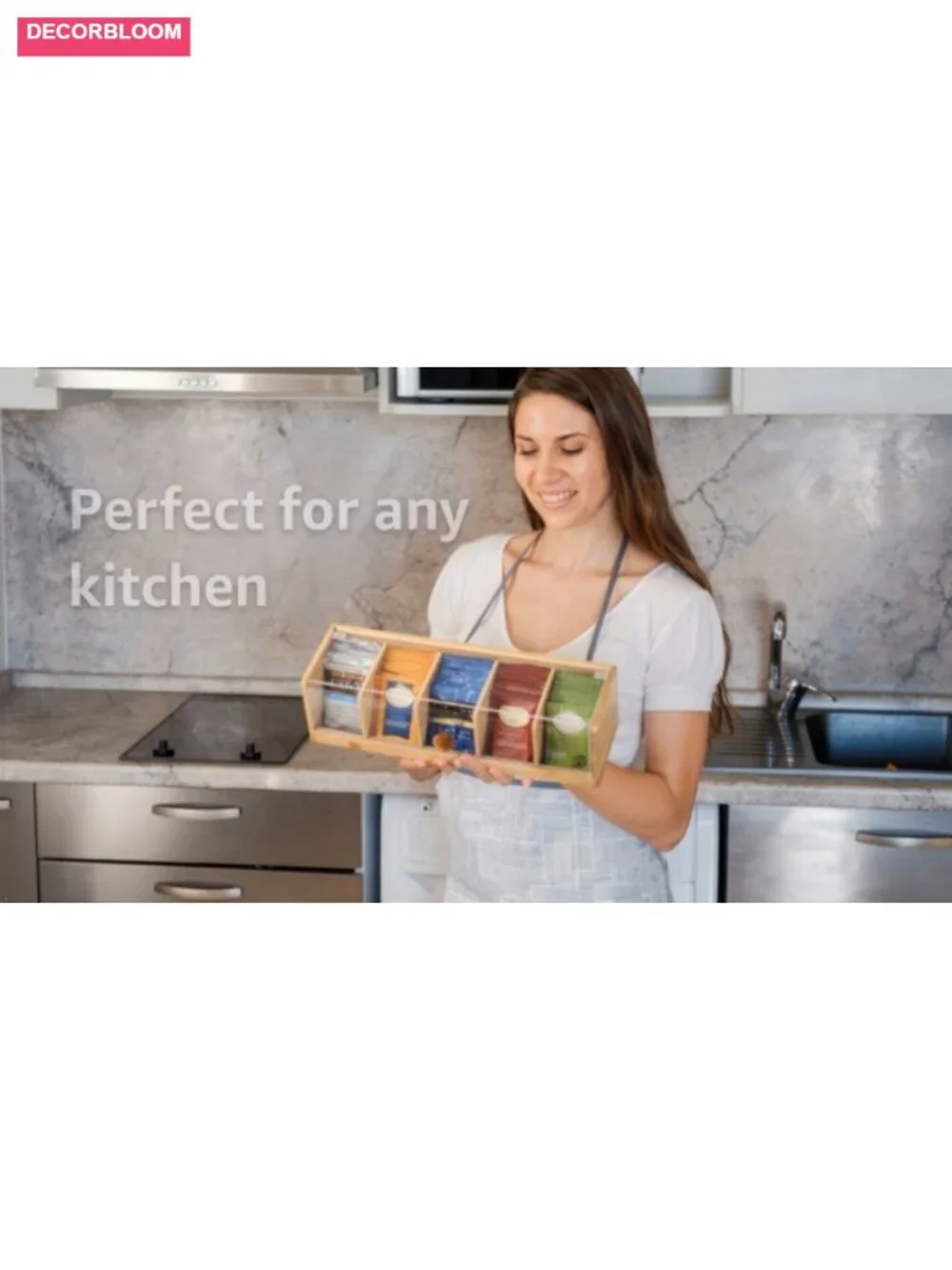 Bamboo Tea Bag Organizer with 5 Compartments and Acrylic Window Countertop